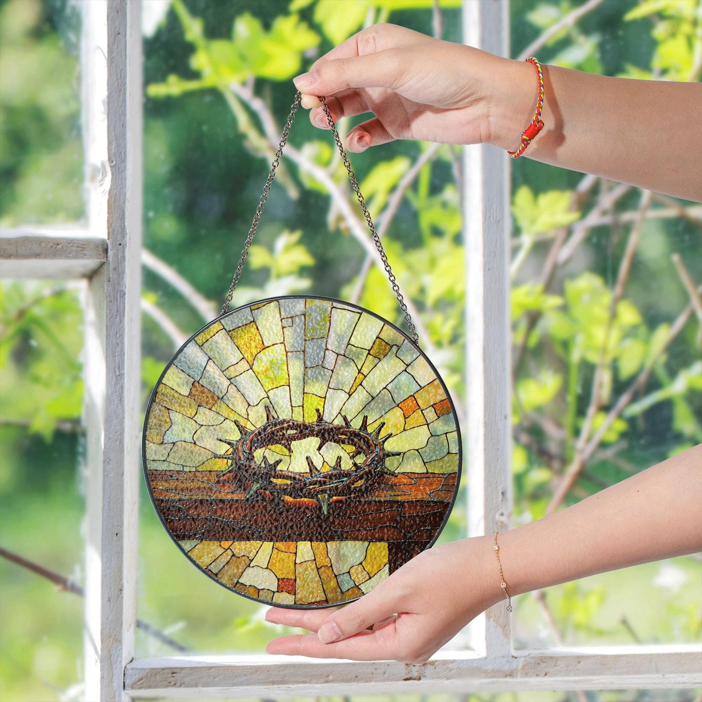 crown of thorns cross window art christian stained glass suncatcher gift for faithful dad