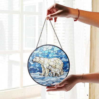 Polar Bear and Cub Art Glass Suncatcher Round Window Decor Gift for Wildlife Lover