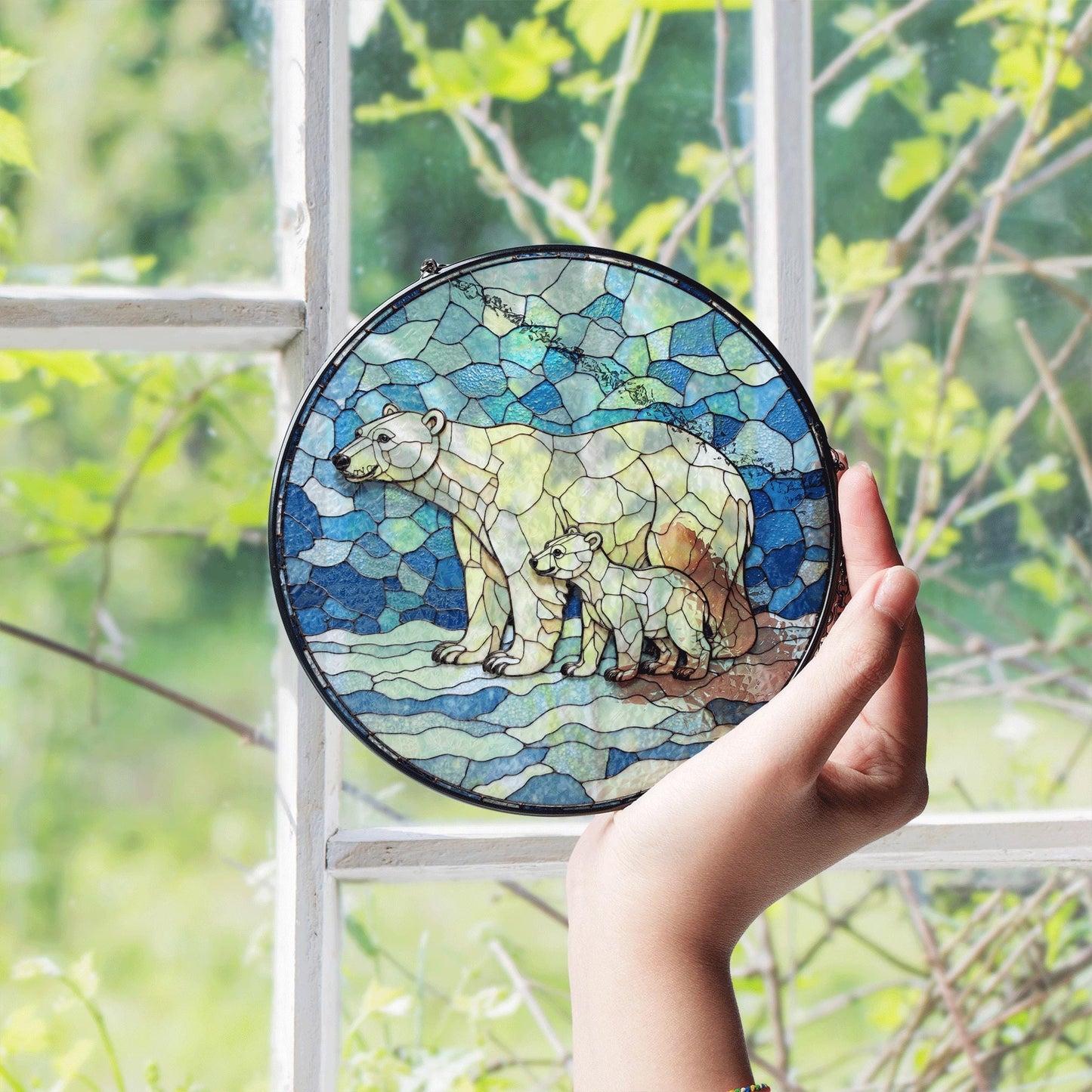 Polar Bear and Cub Art Glass Suncatcher Round Window Decor Gift for Wildlife Lover