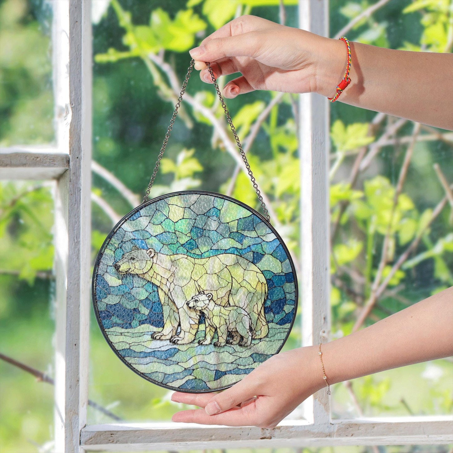 Polar Bear and Cub Art Glass Suncatcher Round Window Decor Gift for Wildlife Lover