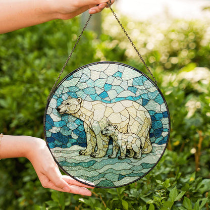 Polar Bear and Cub Art Glass Suncatcher Round Window Decor Gift for Wildlife Lover