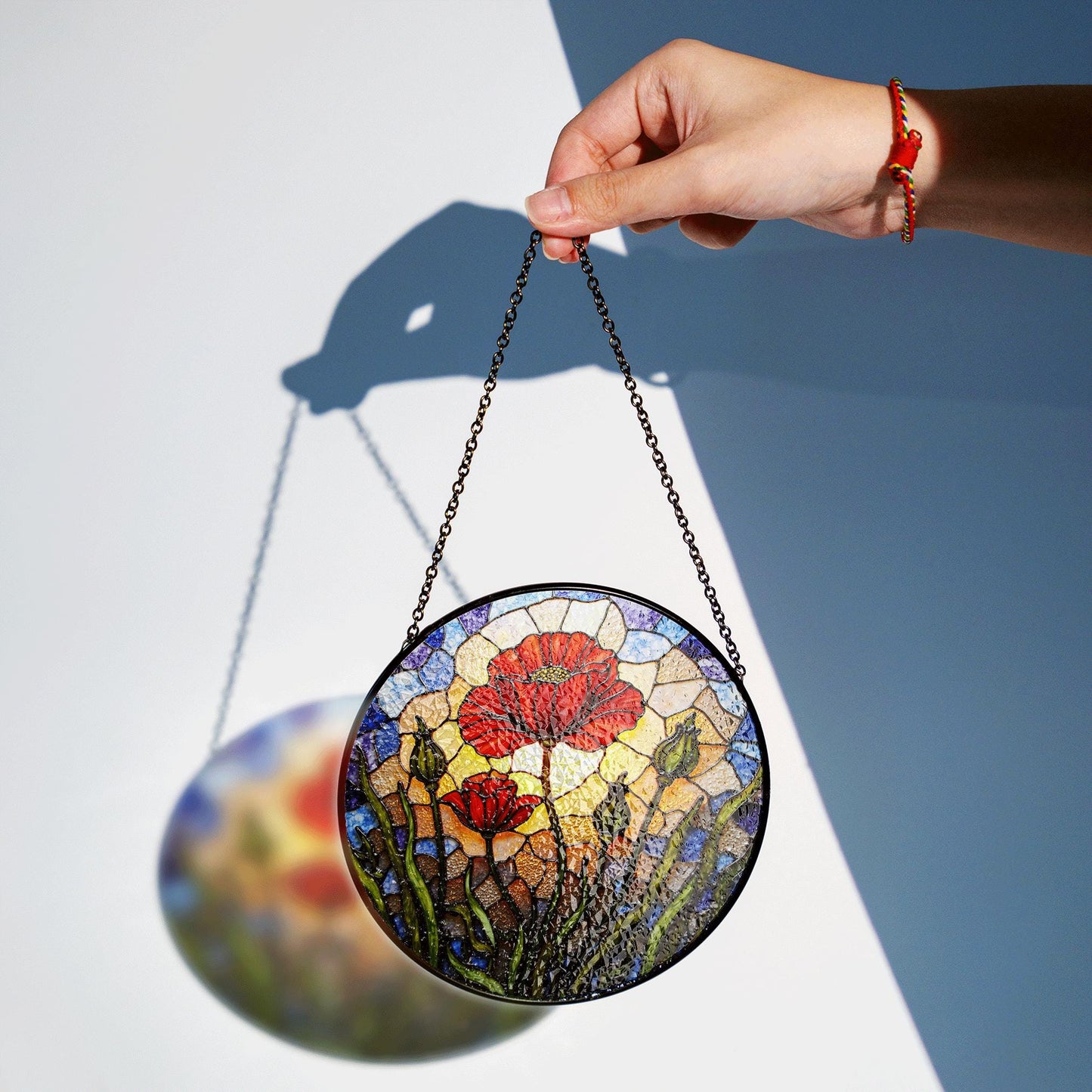 Vibrant red poppy flower field round suncatcher window decor gift for garden lovers