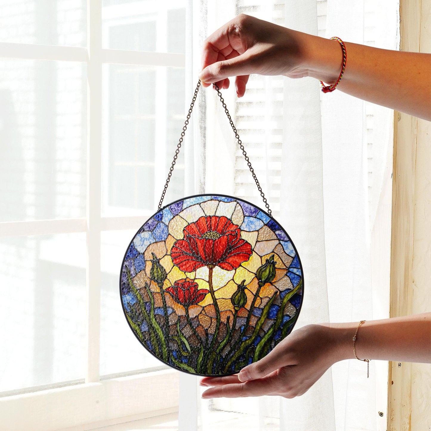 Vibrant red poppy flower field round suncatcher window decor gift for garden lovers