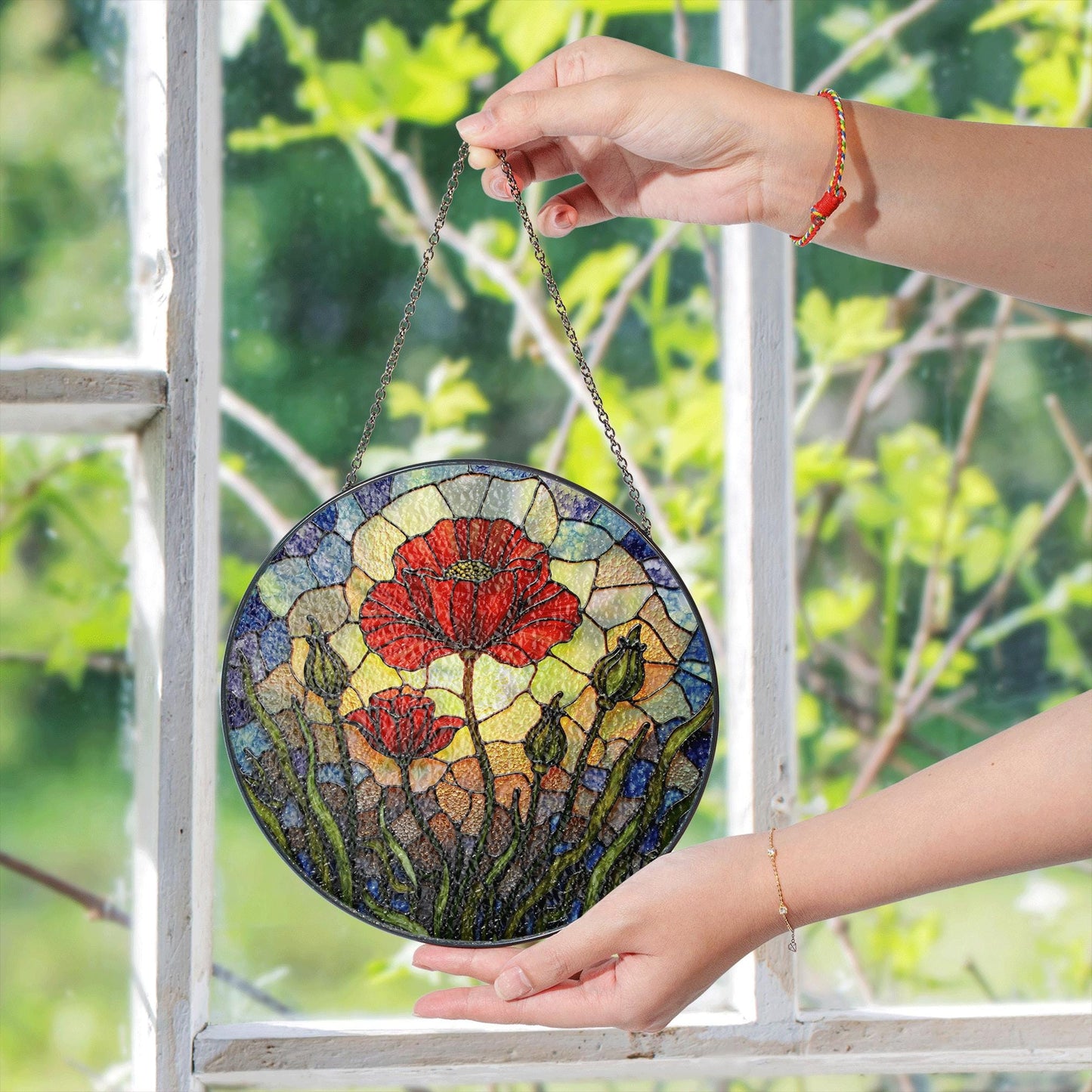 Vibrant red poppy flower field round suncatcher window decor gift for garden lovers
