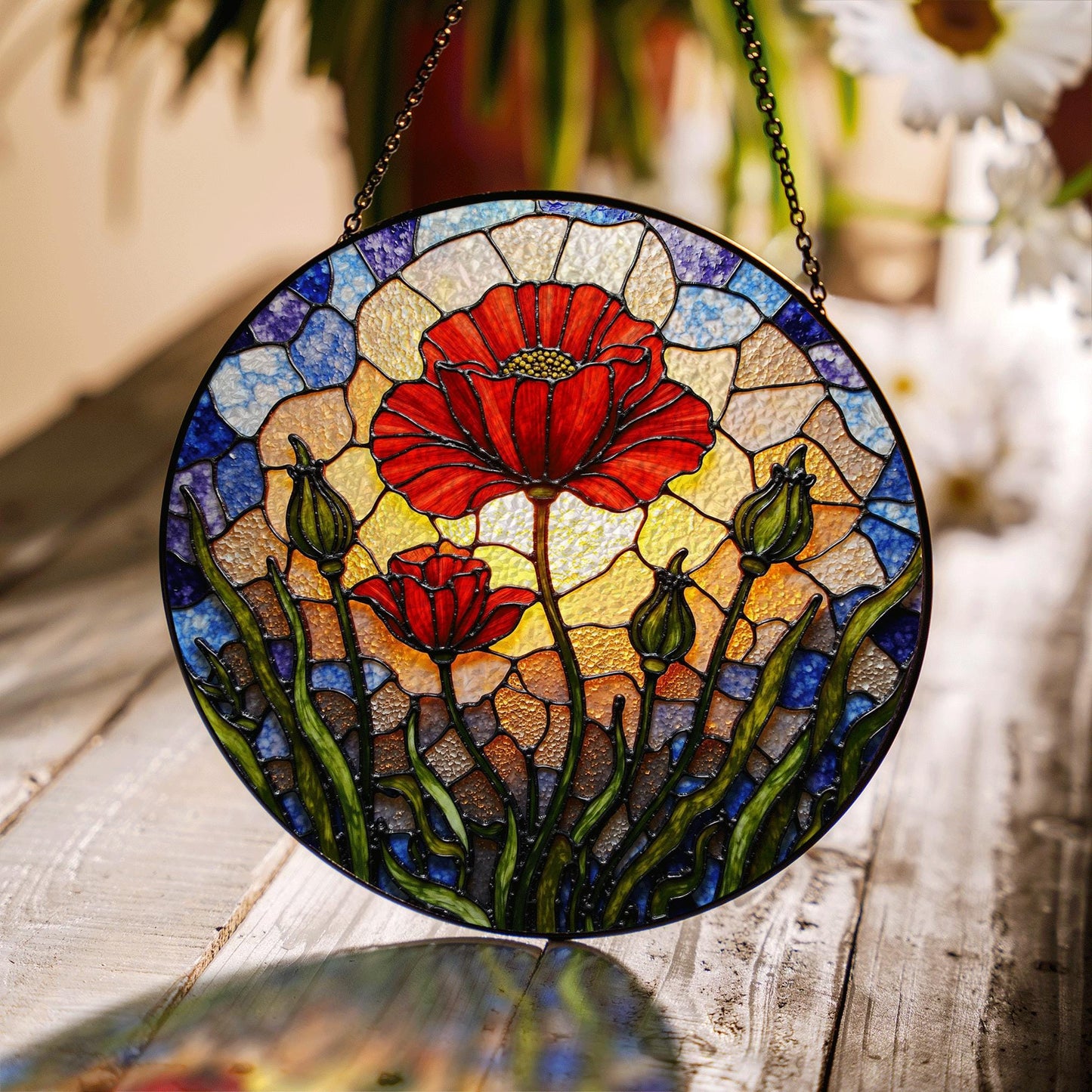 Vibrant red poppy flower field round suncatcher window decor gift for garden lovers