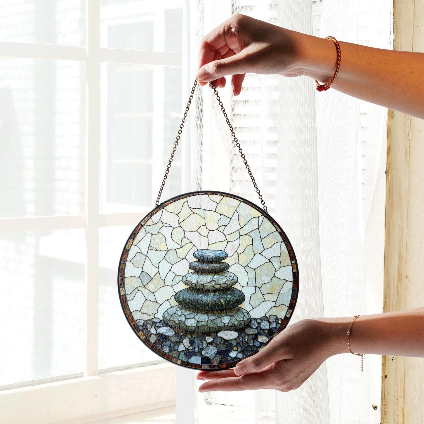 Zen rock stack art round suncatcher window hanging gift for him her