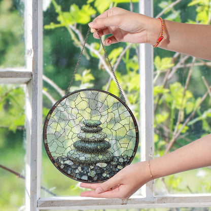 Zen rock stack art round suncatcher window hanging gift for him her