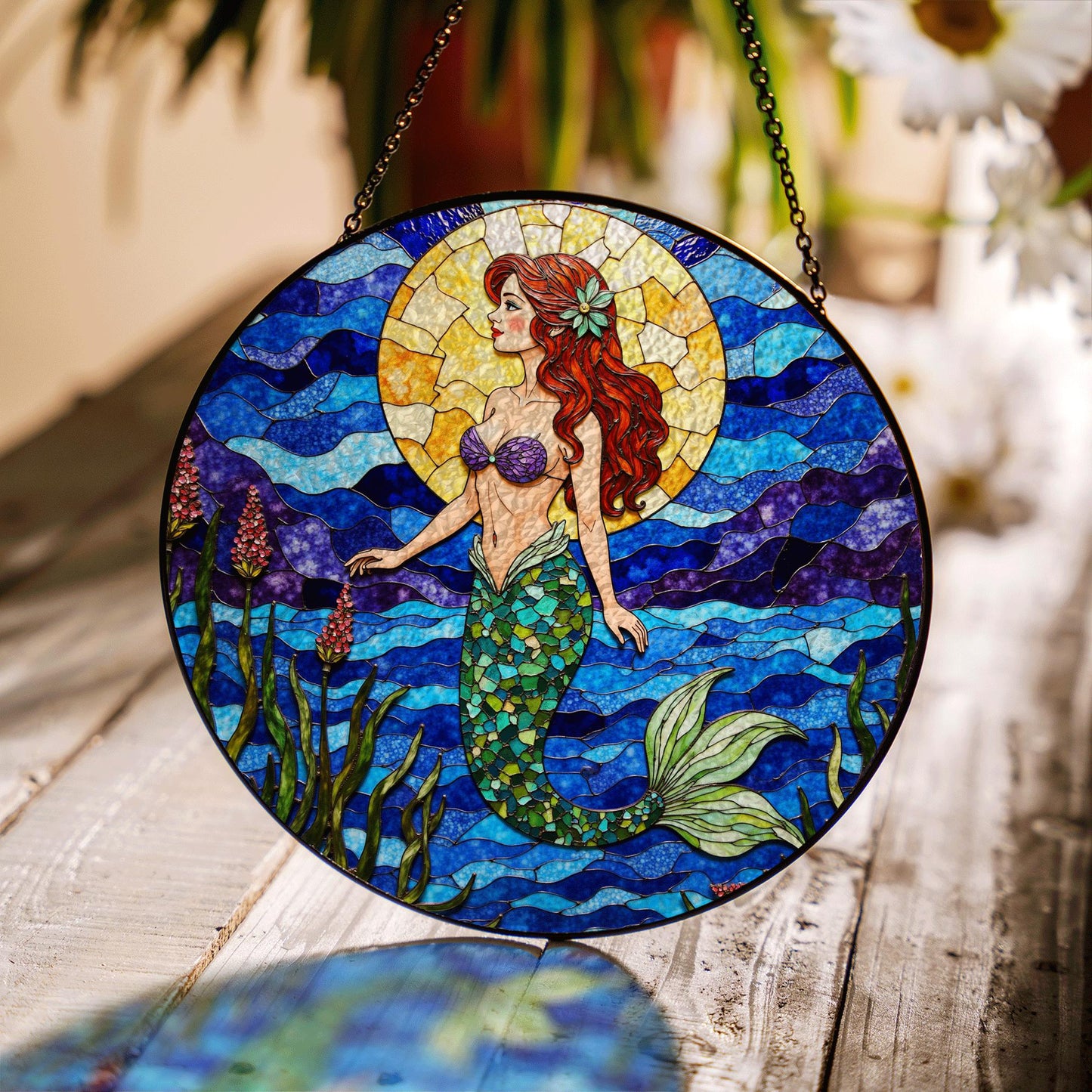 mermaid with red hair under sun in ocean waves stained glass suncatcher gift for sister