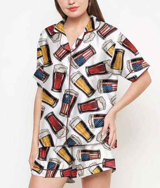 Red White and Brew Pajamas Satin Set, Fourth Of July Beer Shirt Party, Birthday Gift, Beer Lovers, Independence Day Patriotic Beer Gifts