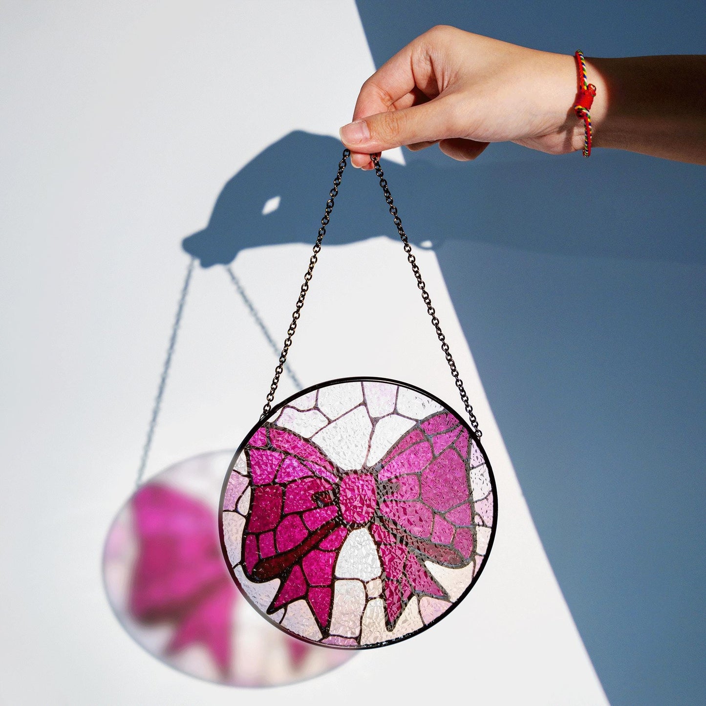 Pink Bow Stained Glass Window Hanging Round Suncatcher Gift for Her