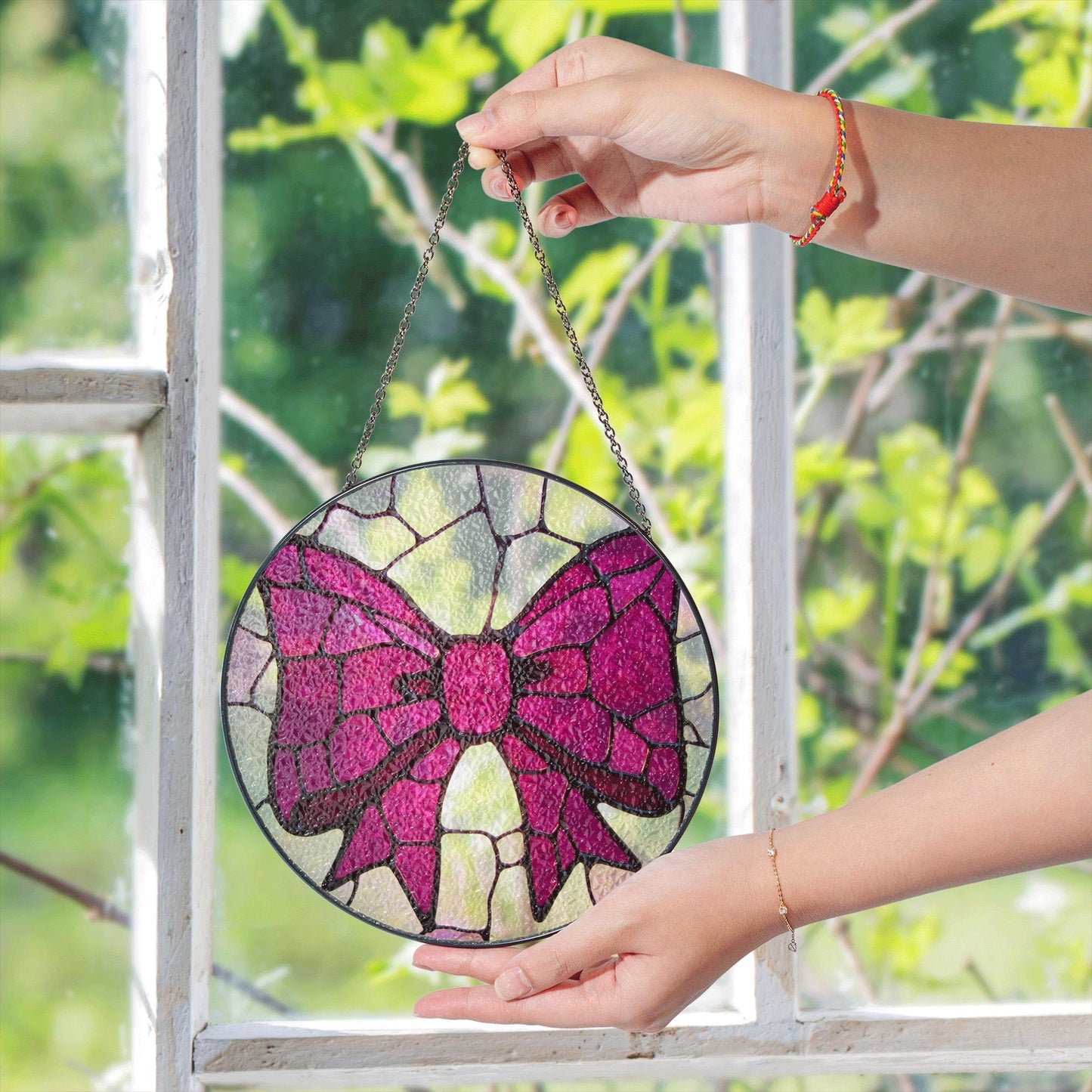 Pink Bow Stained Glass Window Hanging Round Suncatcher Gift for Her