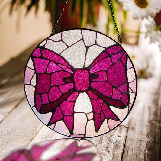 Pink Bow Stained Glass Window Hanging Round Suncatcher Gift for Her