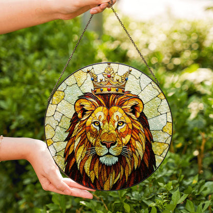 Crowned Lion King Stained Glass Window Art Regal Animal Suncatcher Gift for Him