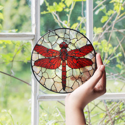 Red Dragonfly Stained Glass Window Hanging Suncatcher Nature Decor Gift for Mom or Nature Lover