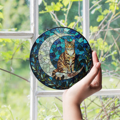Tabby Cat on Crescent Moon Glass Suncatcher Handmade Window Decor Gift for Cat Lovers