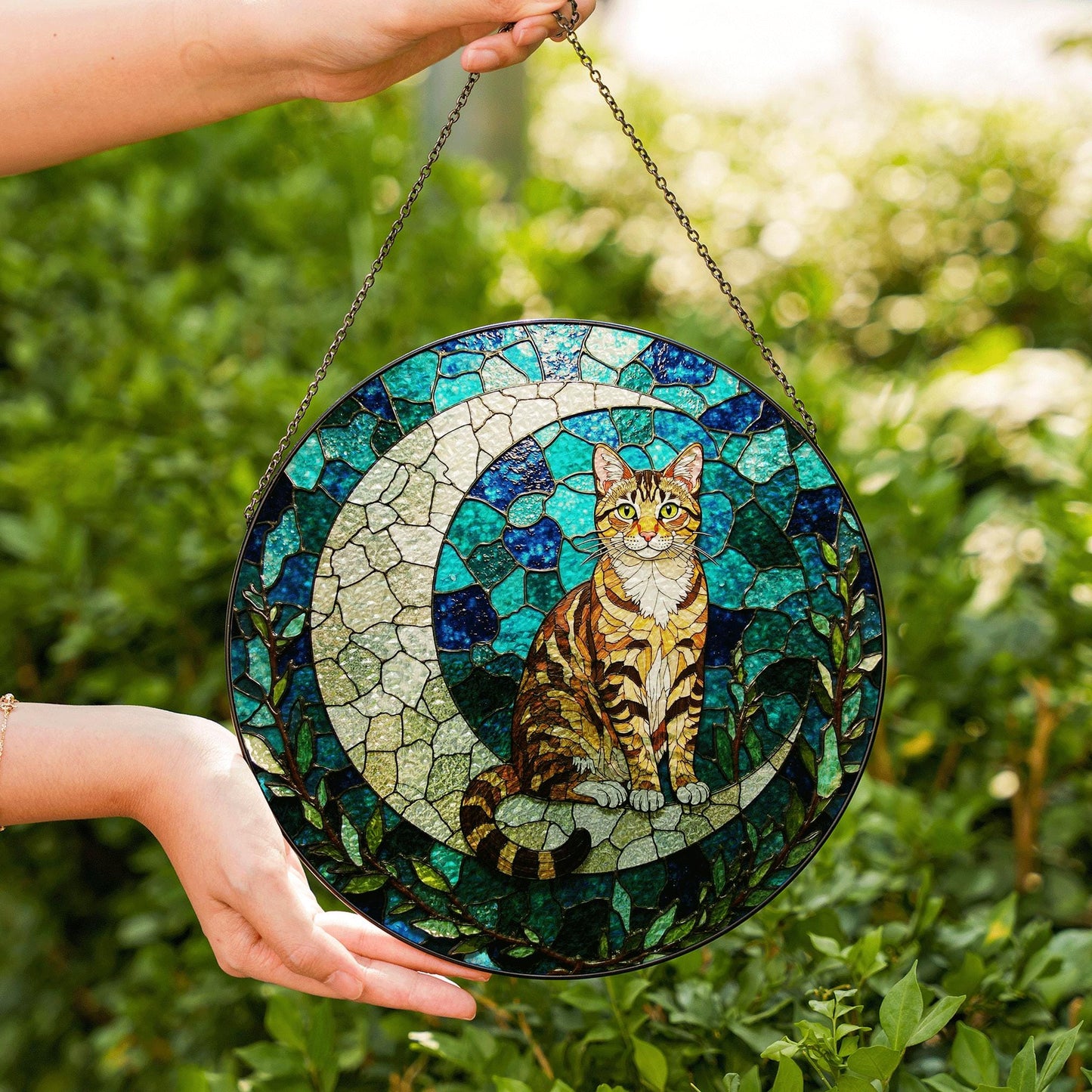 Tabby Cat on Crescent Moon Glass Suncatcher Handmade Window Decor Gift for Cat Lovers