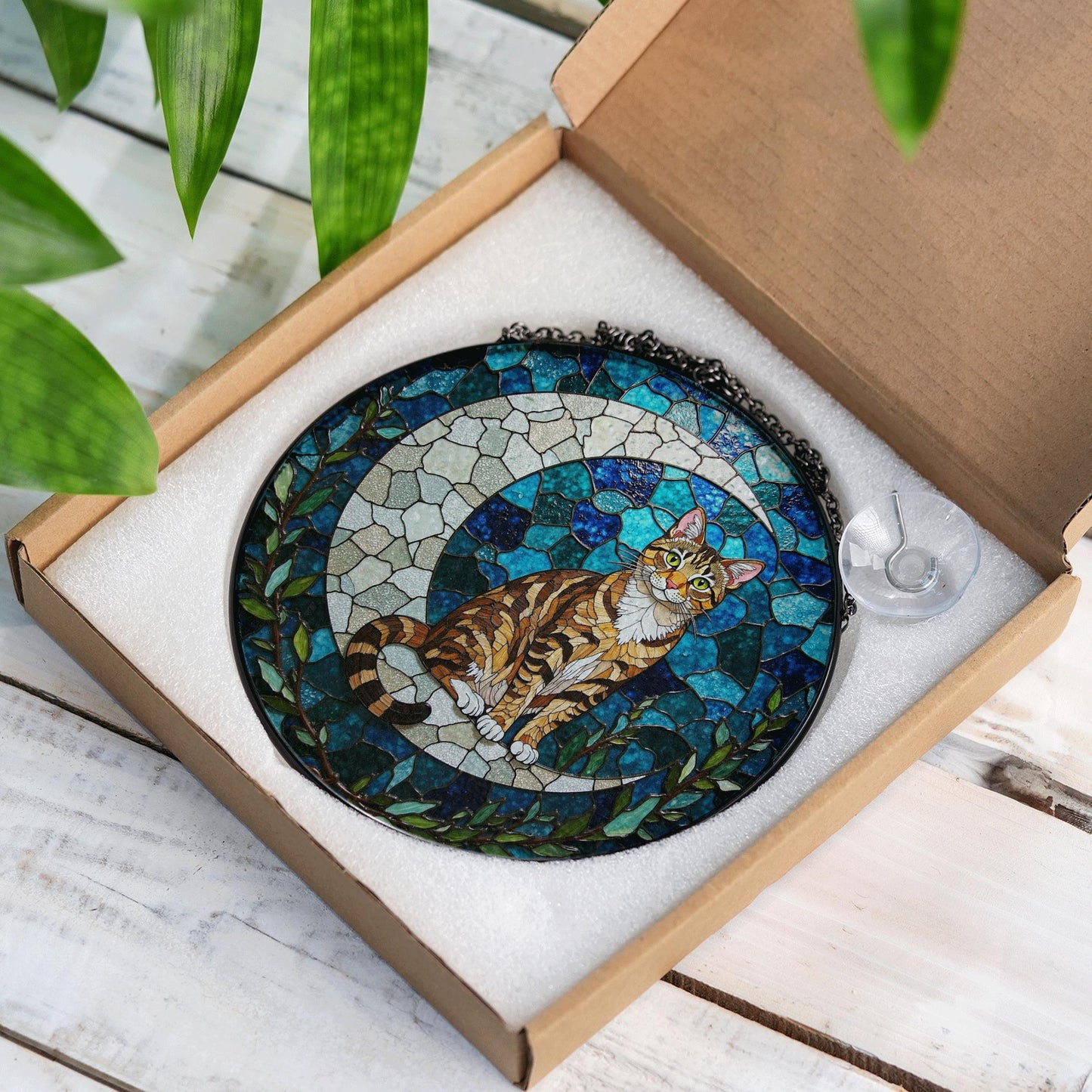 Tabby Cat on Crescent Moon Glass Suncatcher Handmade Window Decor Gift for Cat Lovers