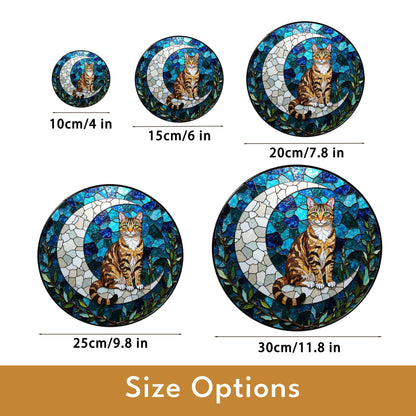Tabby Cat on Crescent Moon Glass Suncatcher Handmade Window Decor Gift for Cat Lovers