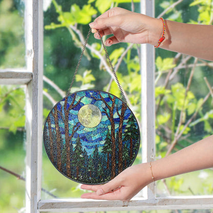 Moonlit forest scene glass suncatcher stained glass window hanging gift for nature lovers