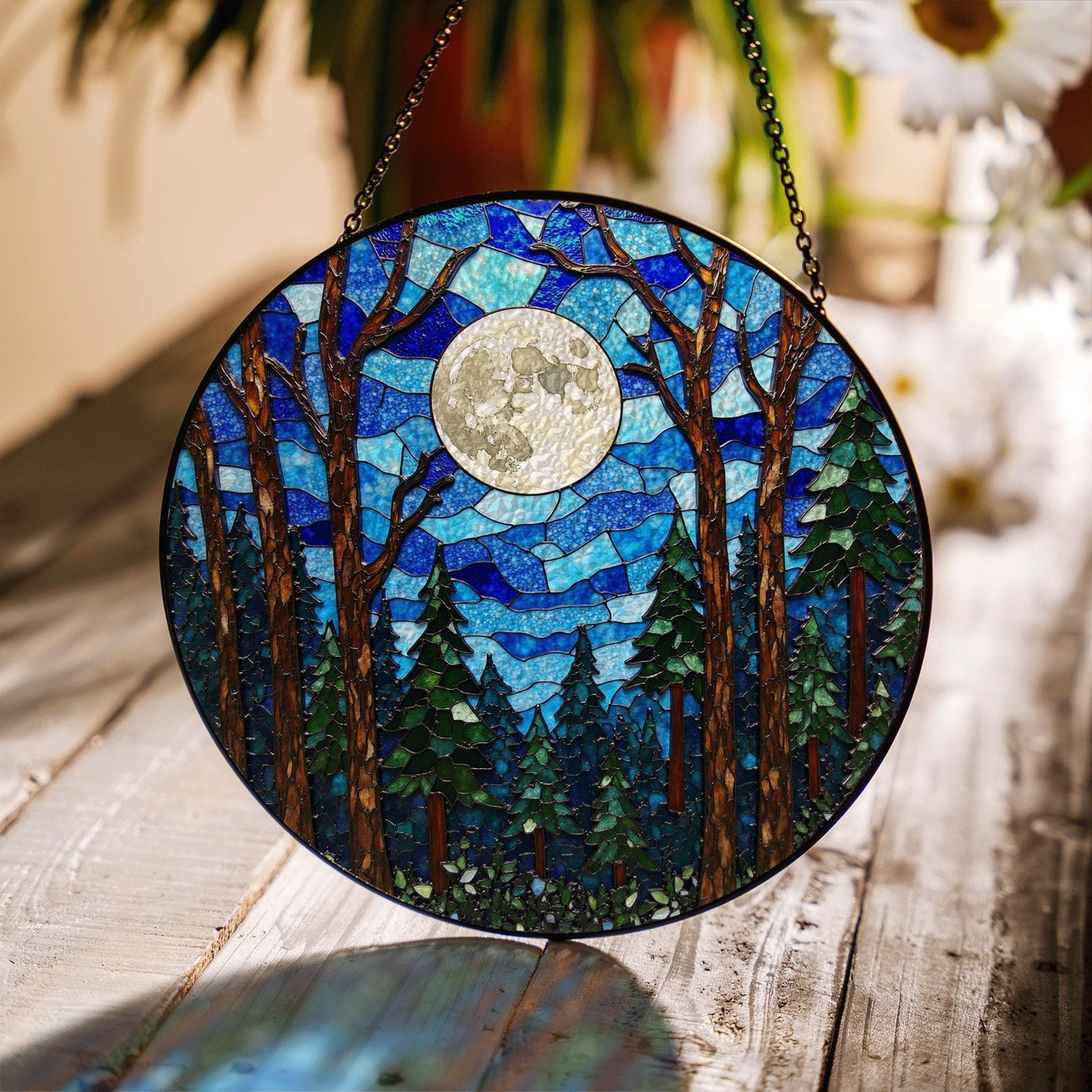 Moonlit forest scene glass suncatcher stained glass window hanging gift for nature lovers
