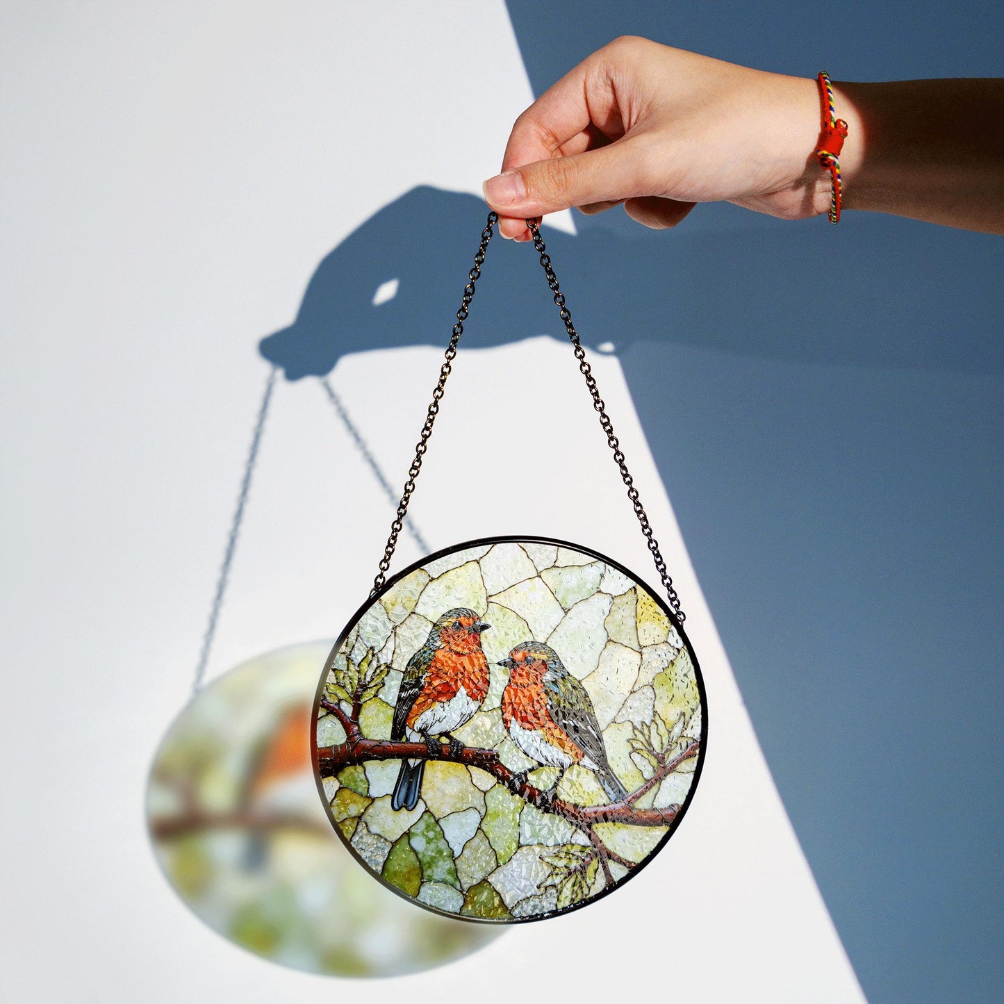 Two red robins on branch round suncatcher stained glass window decor gift for bird lovers