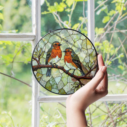 Two red robins on branch round suncatcher stained glass window decor gift for bird lovers