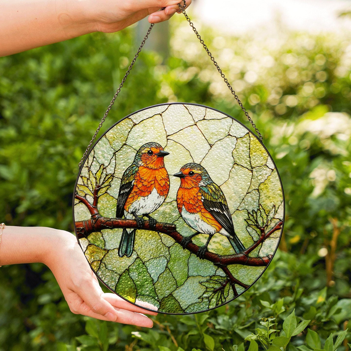 Two red robins on branch round suncatcher stained glass window decor gift for bird lovers