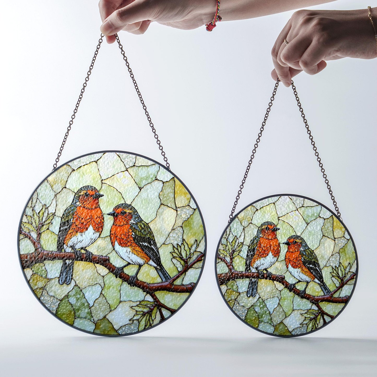 Two red robins on branch round suncatcher stained glass window decor gift for bird lovers