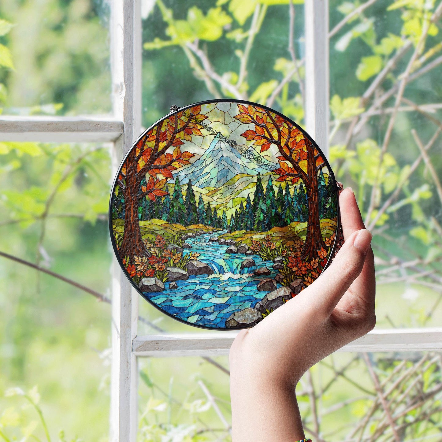 Autumn forest stream suncatcher stained glass mountain river panel gift for outdoor nature lover