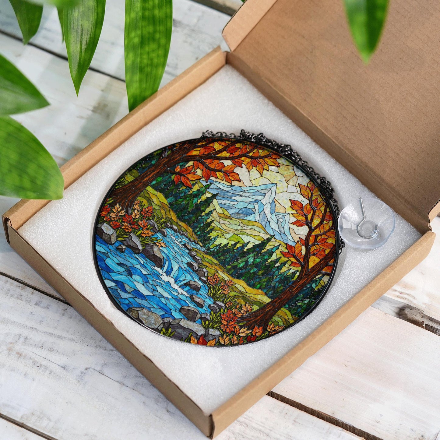 Autumn forest stream suncatcher stained glass mountain river panel gift for outdoor nature lover