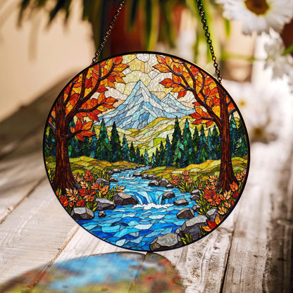 Autumn forest stream suncatcher stained glass mountain river panel gift for outdoor nature lover