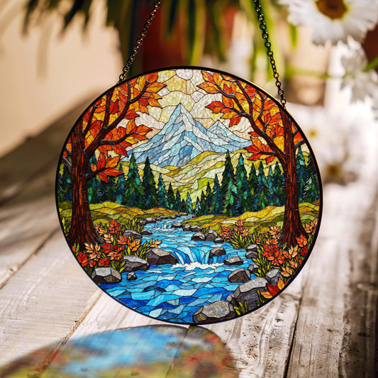 Autumn forest stream suncatcher stained glass mountain river panel gift for outdoor nature lover