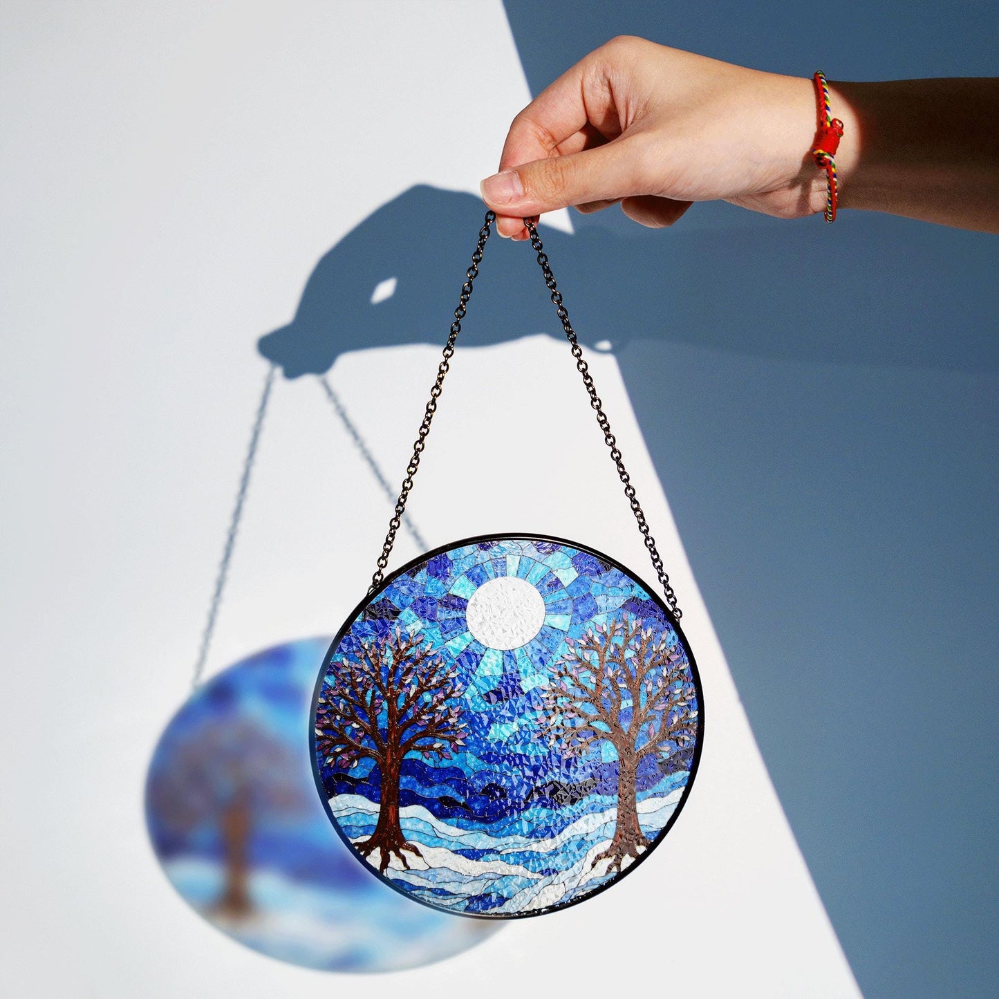 Winter trees under full moon blue stained glass round suncatcher window decor gift for nature lovers