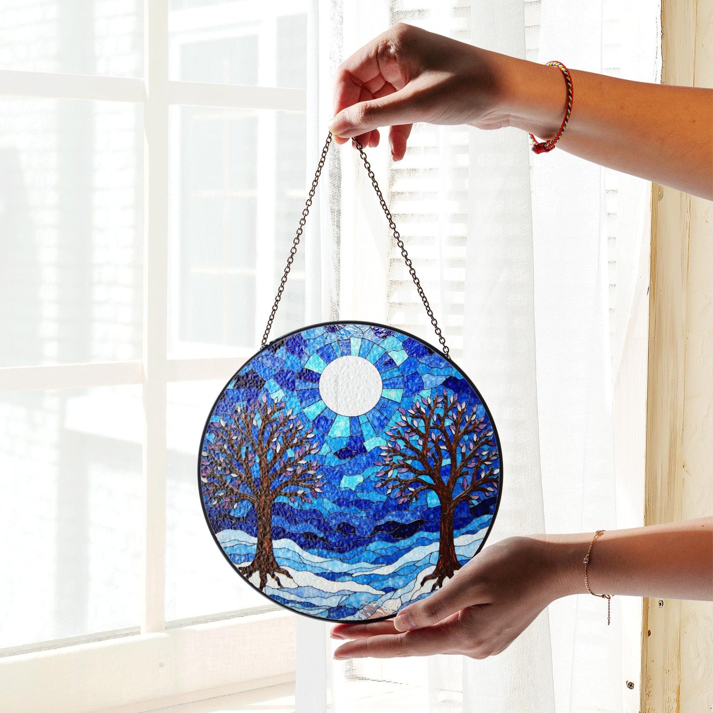 Winter trees under full moon blue stained glass round suncatcher window decor gift for nature lovers