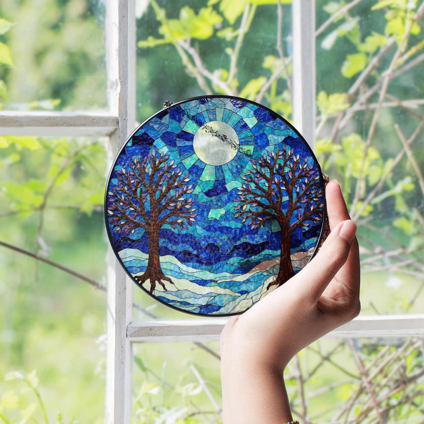 Winter trees under full moon blue stained glass round suncatcher window decor gift for nature lovers
