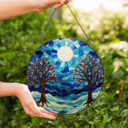 Winter trees under full moon blue stained glass round suncatcher window decor gift for nature lovers