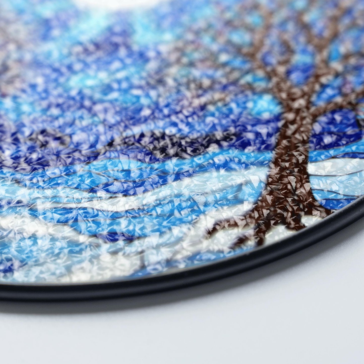 Winter trees under full moon blue stained glass round suncatcher window decor gift for nature lovers