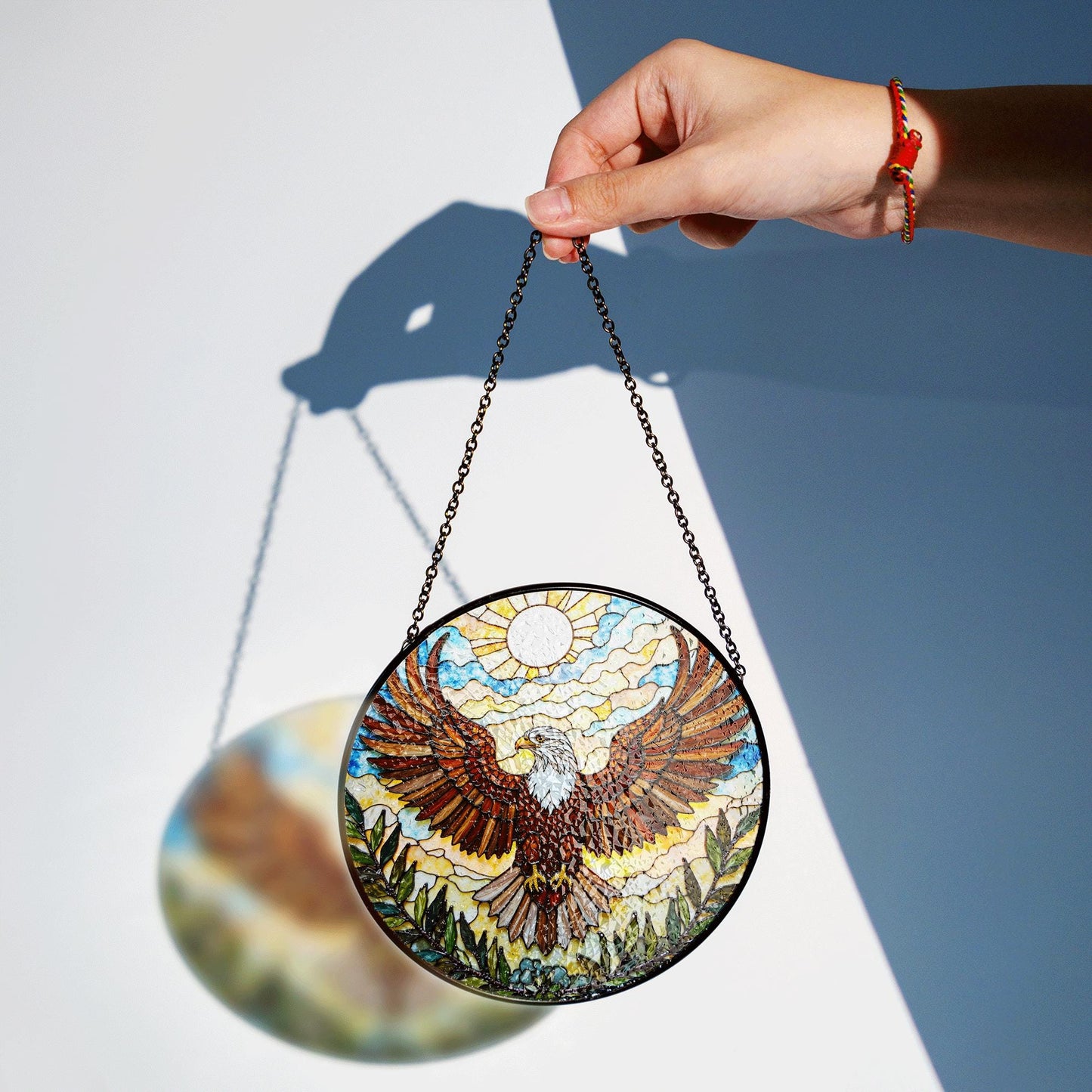 Bald Eagle Flying Stained Glass Round Panel Window Hanging Suncatcher Gift for Dad or Nature Lover