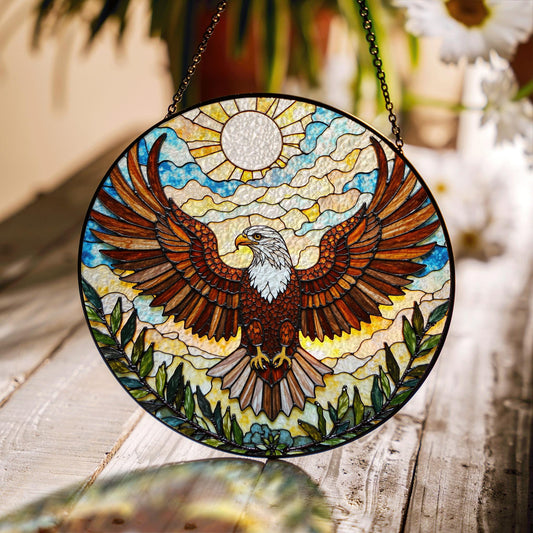 Bald Eagle Flying Stained Glass Round Panel Window Hanging Suncatcher Gift for Dad or Nature Lover