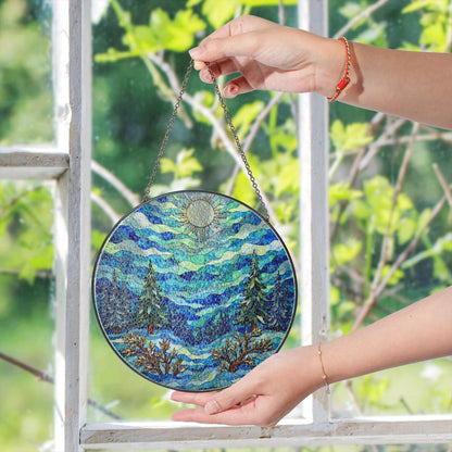 Mountain forest sun design suncatcher stained glass window art gift for nature lover