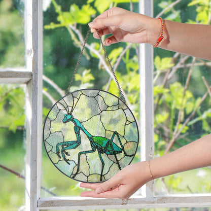 Green praying mantis glass art round suncatcher stained insect decor gift for nature lover dad