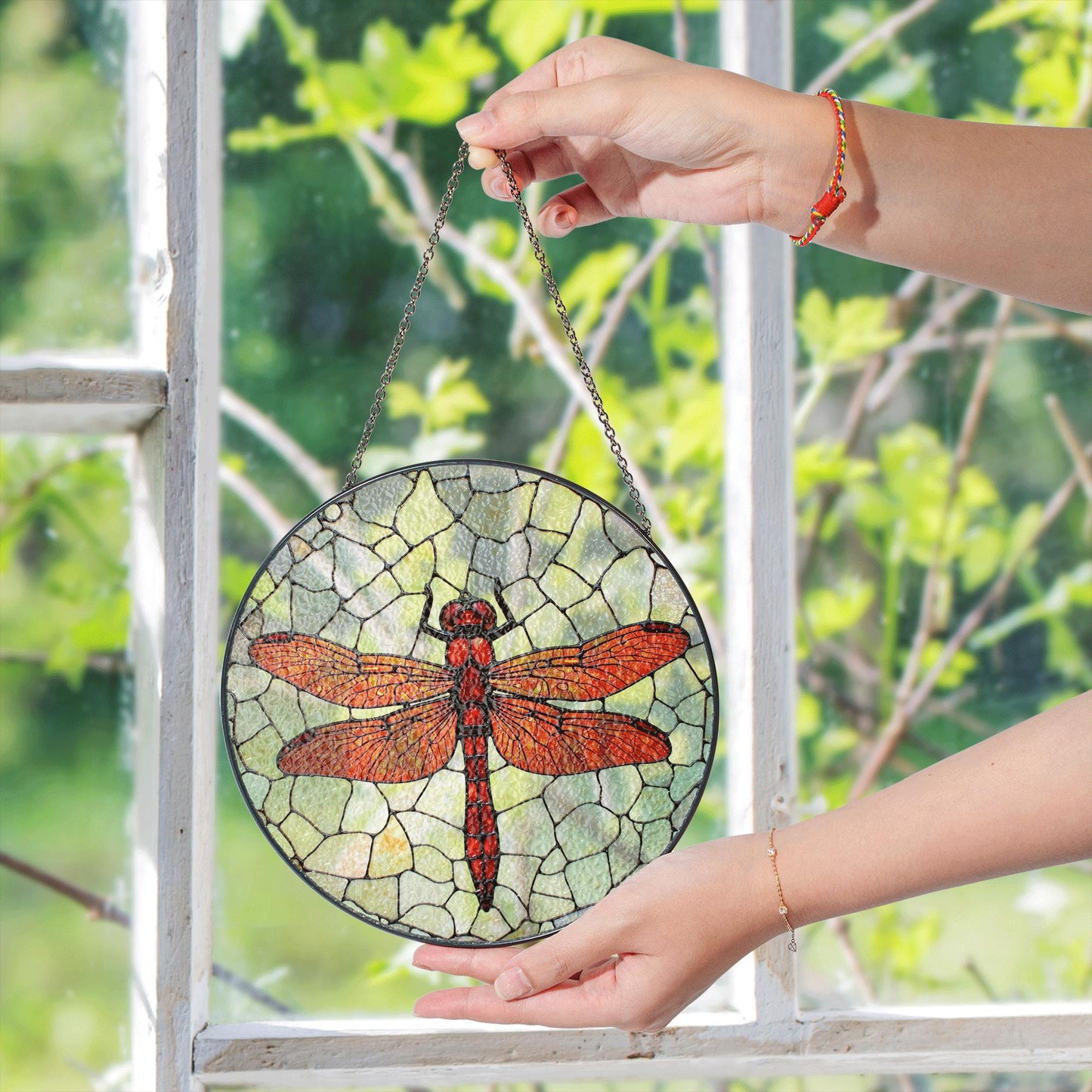 Red dragonfly stained glass window suncatcher nature decor for mom dad or garden lovers