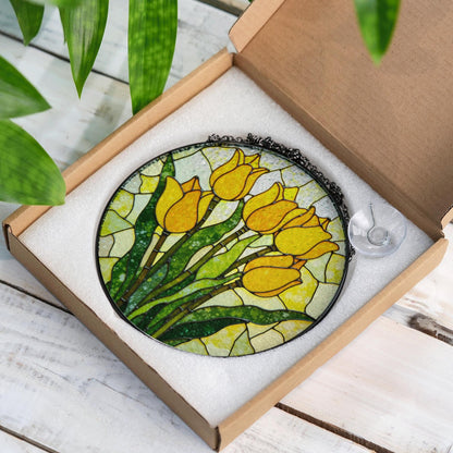 Yellow Tulip Bloom Stained Glass Window Decor Garden Sun Catcher Gift for Mom