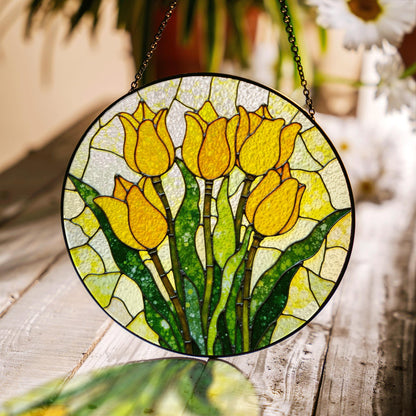 Yellow Tulip Bloom Stained Glass Window Decor Garden Sun Catcher Gift for Mom