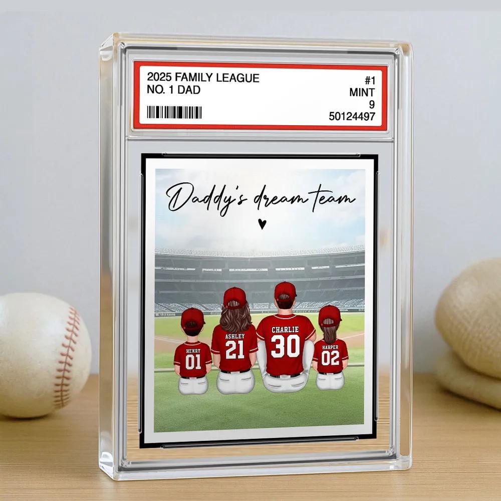 Personalized Acrylic Block Plaque Baseball No.1 Dad Man & Kids Sitting Trading Card Style | Baseball Player | Baseball Lover for Dad Grandpa