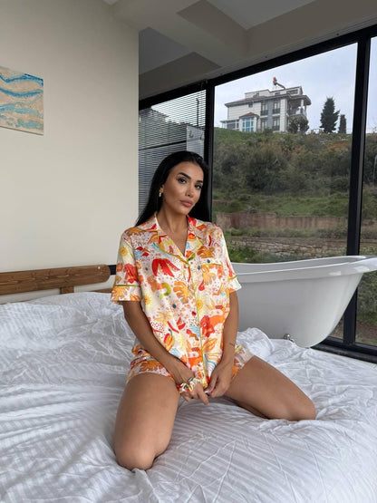 Colorful Satin Pajama Set with Summer-Inspired Tropical Print – Short Sleeve Button Up & Shorts for Cozy Lounge Days , Summer Pajama Set