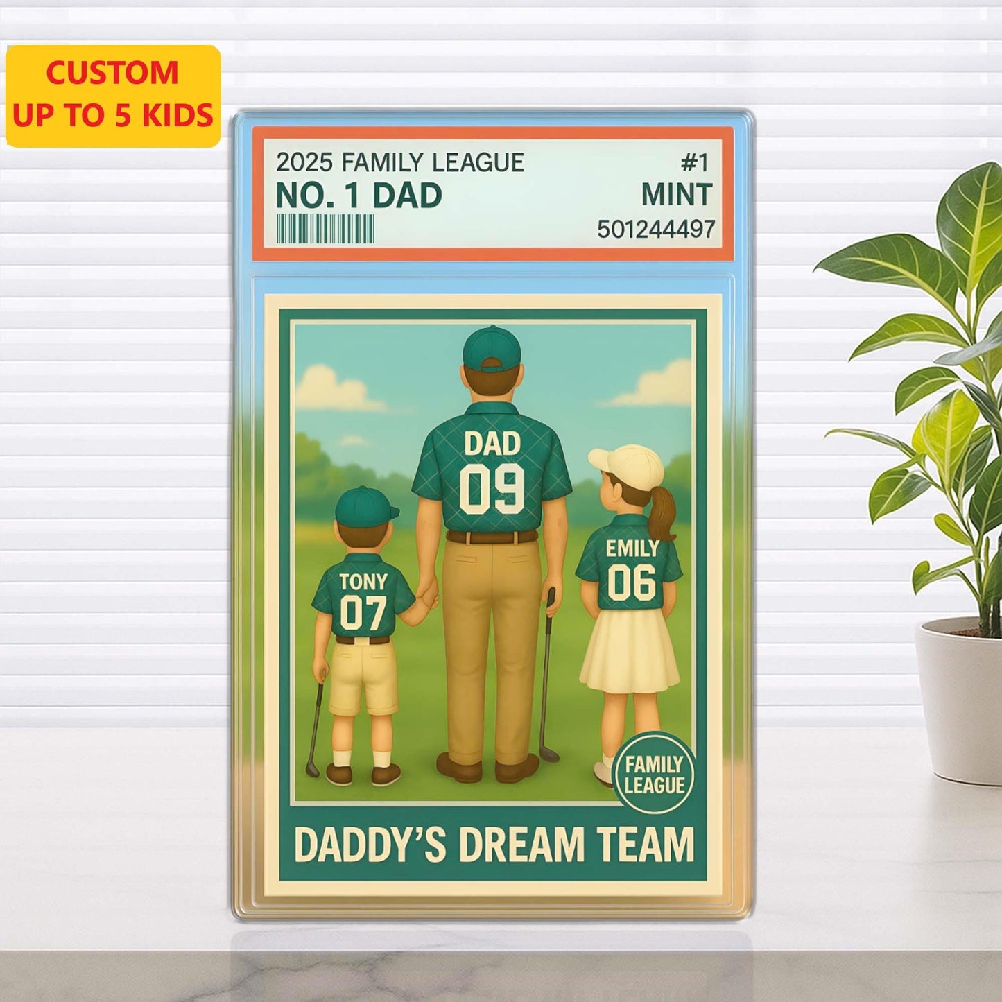 Custom No. 1 Dad & Kids Golf Trading Card Style, Personalized Acrylic Block Plaque, Father's Day Gift, Custom Figure Family Acrylic Block