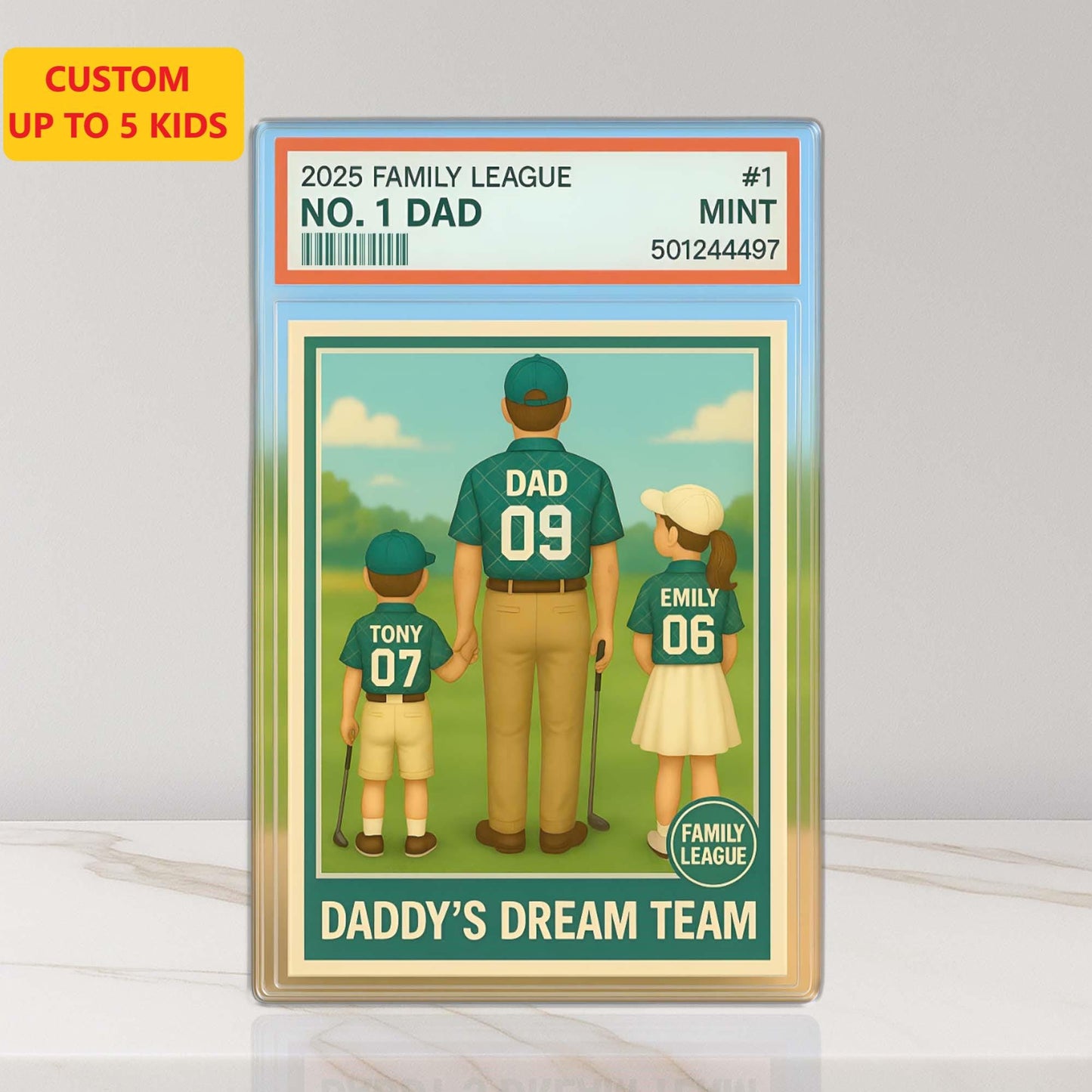 Custom No. 1 Dad & Kids Golf Trading Card Style, Personalized Acrylic Block Plaque, Father's Day Gift, Custom Figure Family Acrylic Block