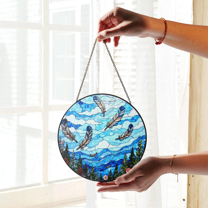 drifting feathers in mountain sky blue stained glass suncatcher gift for nature lovers