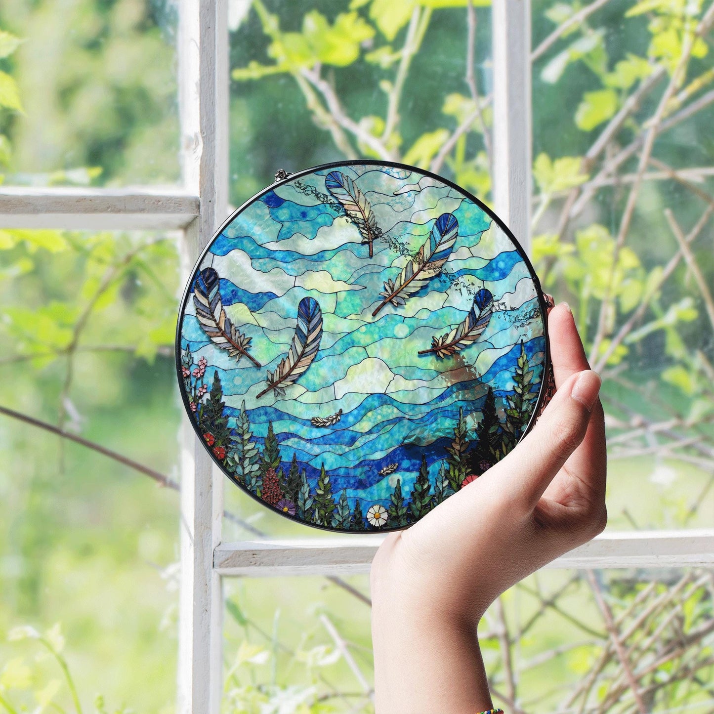 drifting feathers in mountain sky blue stained glass suncatcher gift for nature lovers